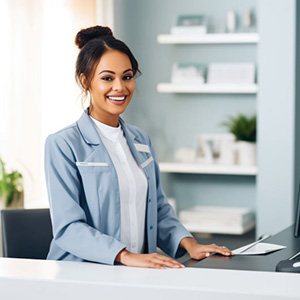 Dental team member standing behind front desk