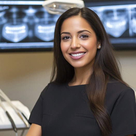 Beautiful, smiling woman in dental office