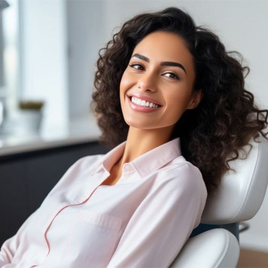 Woman with beautiful teeth reclined in dental treatment chair